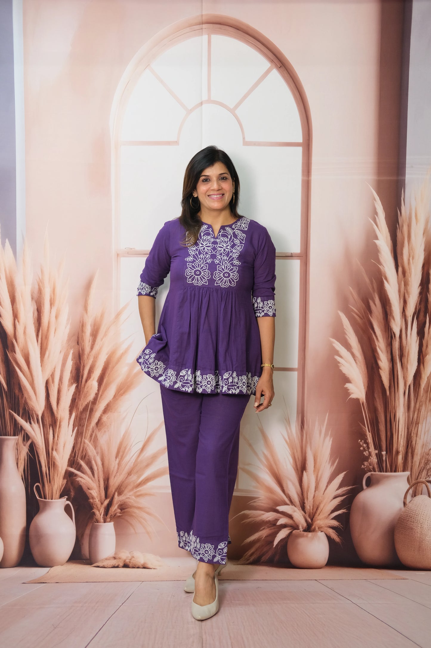 Purple Co-ord Set in Flex Cotton with Embroidery – Festive Look with Regal Charm