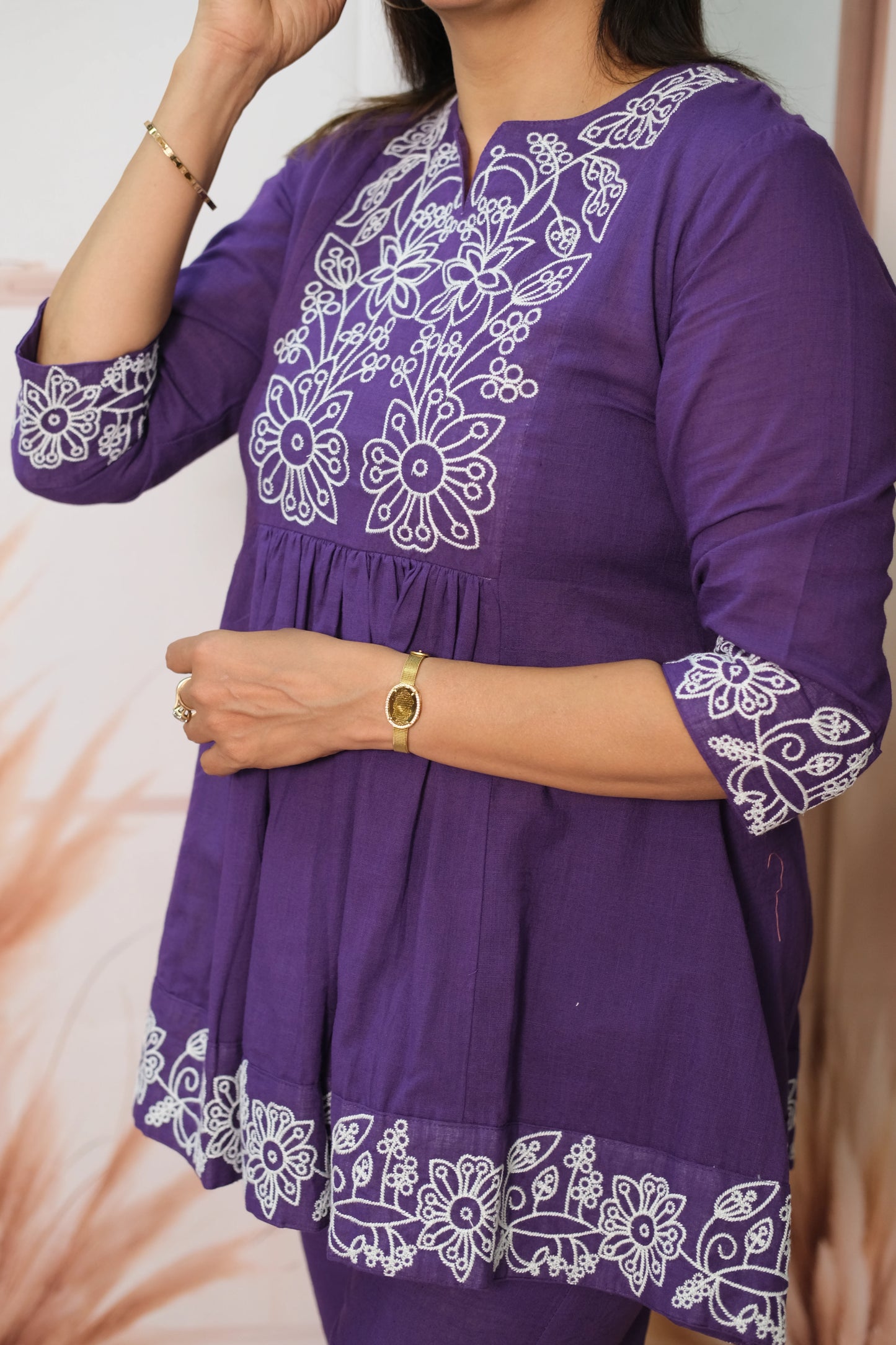 Purple Co-ord Set in Flex Cotton with Embroidery – Festive Look with Regal Charm