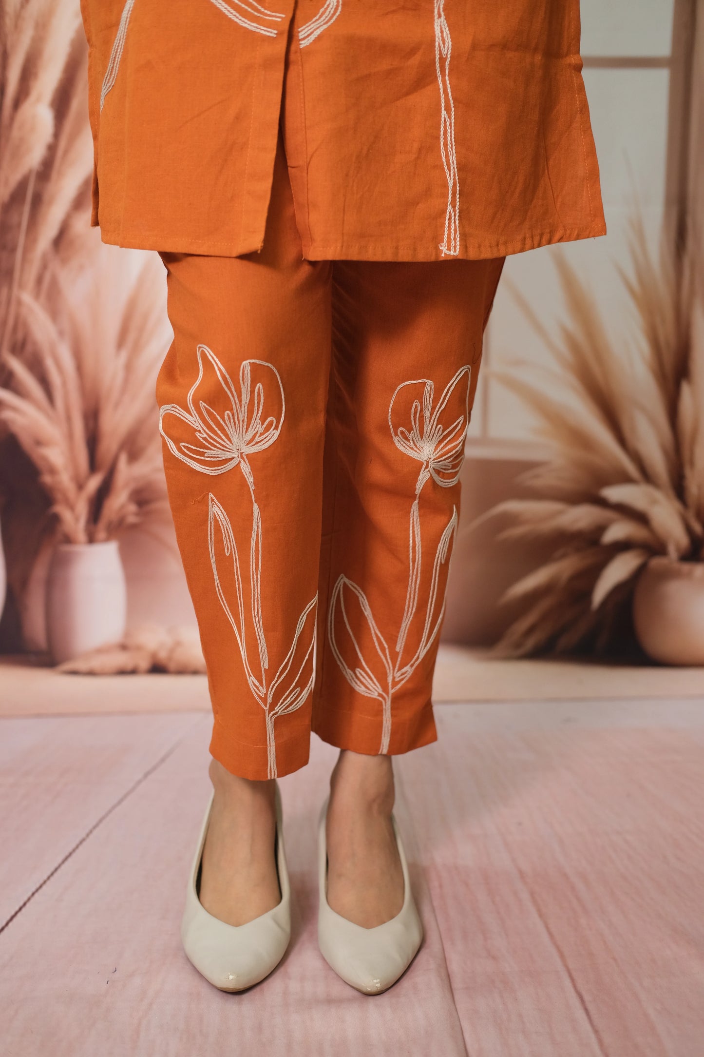 Rust Co-ord Set in Flex Cotton with Embroidery – Festive Look, Timeless Appeal