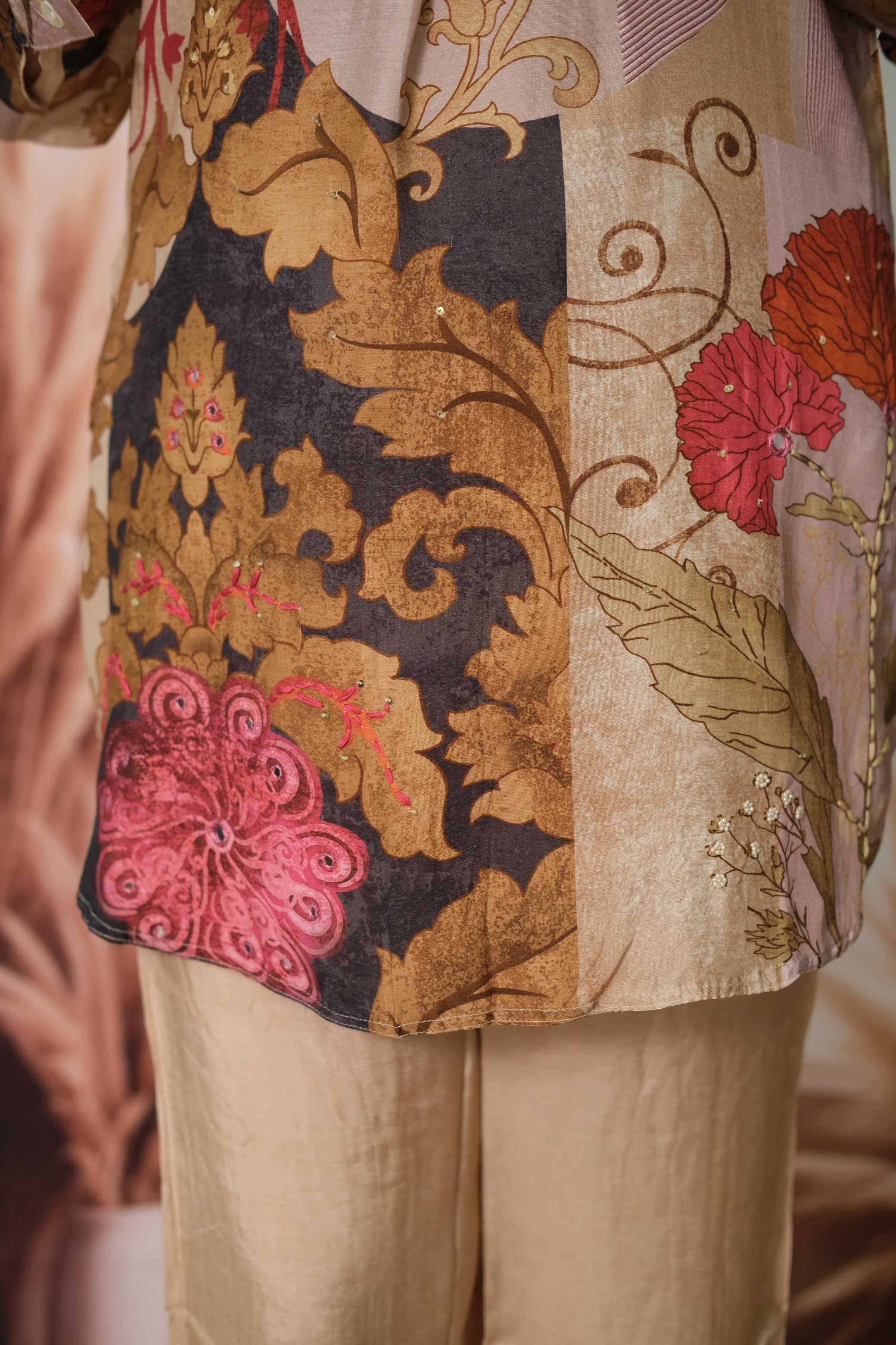 Beige Printed Co-ord Set in Pure Muslin with Sequin Work – Festive Look Redefined