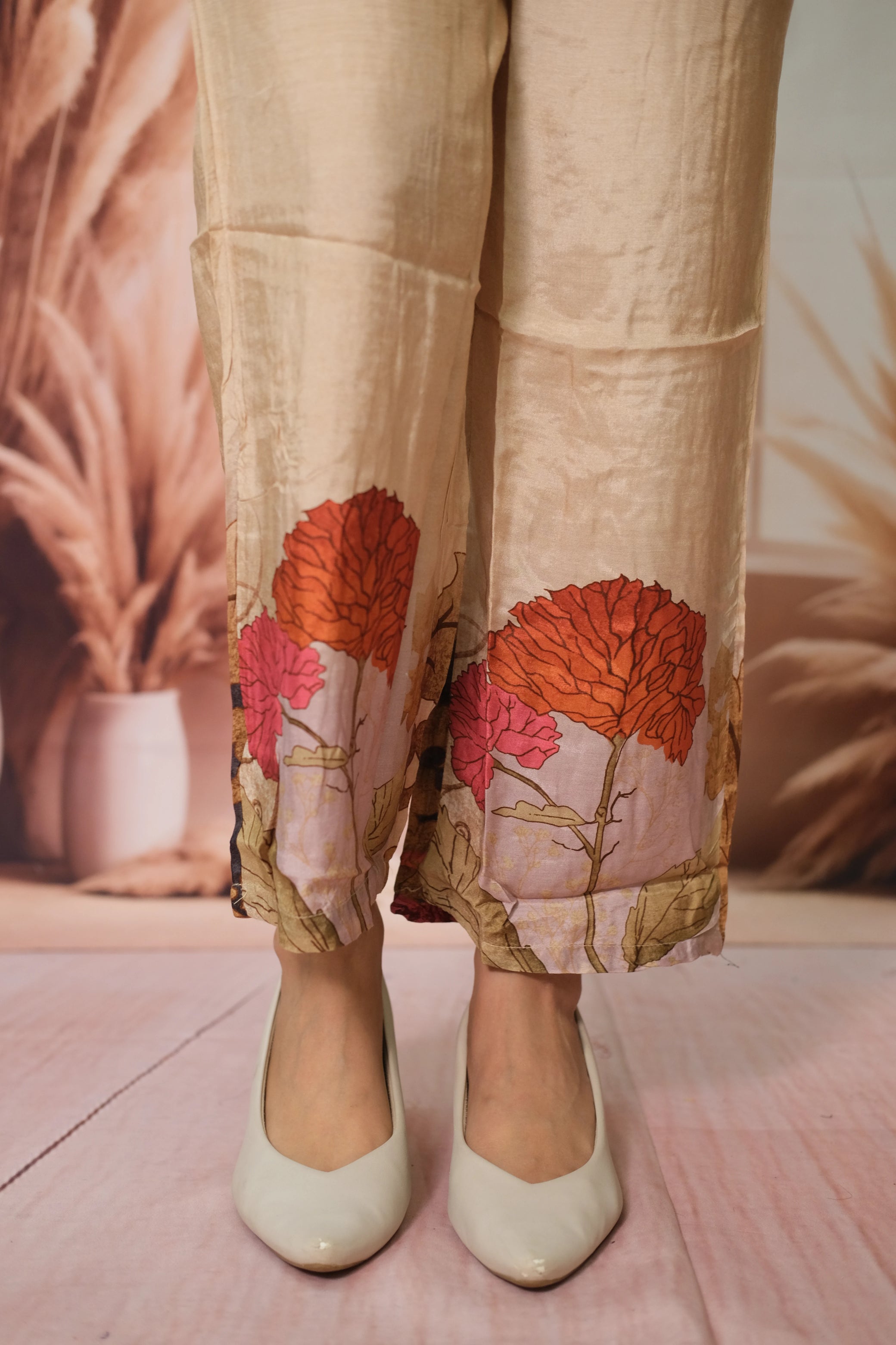 Beige Printed Co-ord Set in Pure Muslin with Sequin Work – Festive Look Redefined