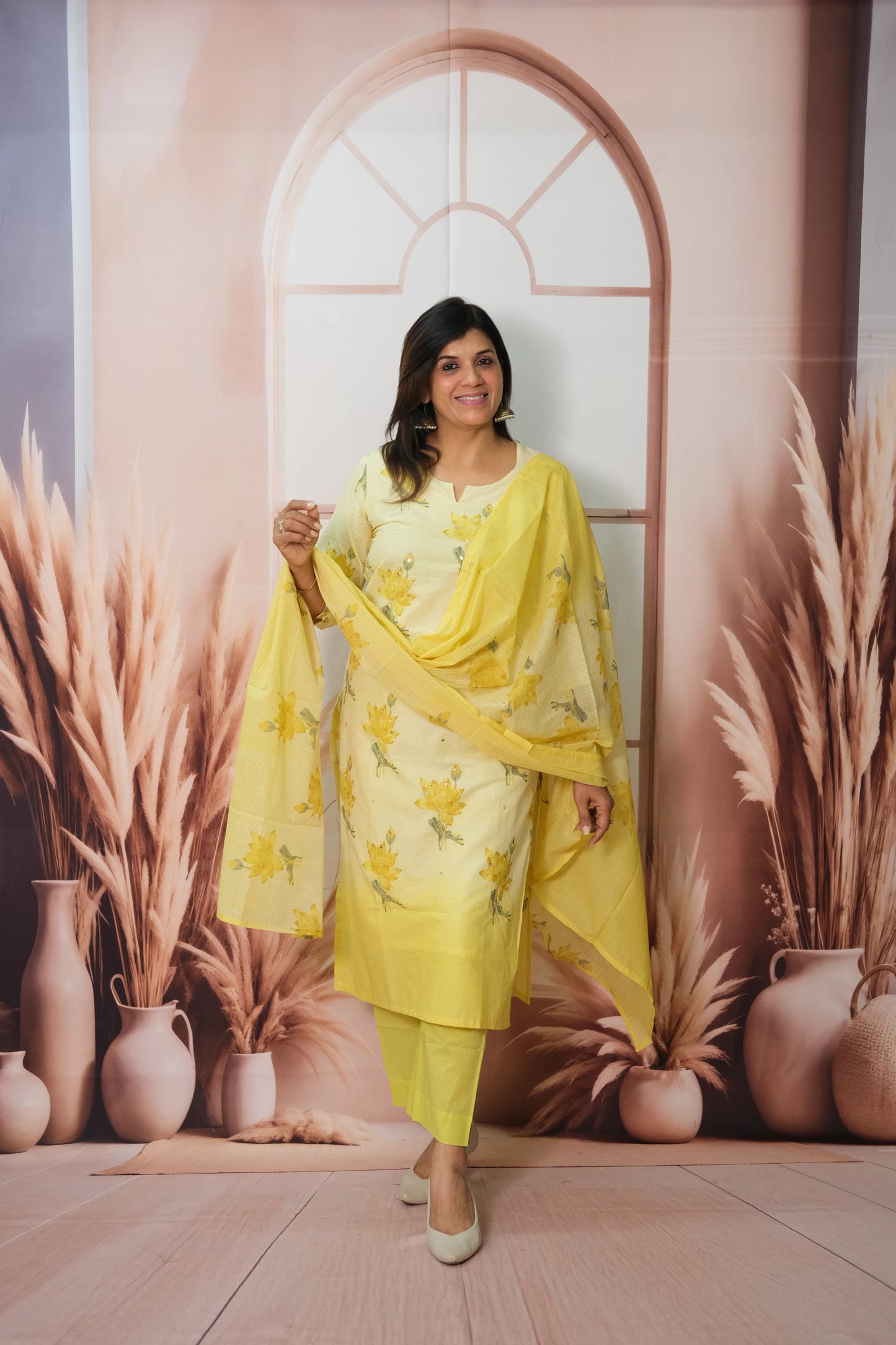 Light Yellow Dupatta Set in Mul Cotton with Gota Patti Work – Elegant Printed Festive Wear