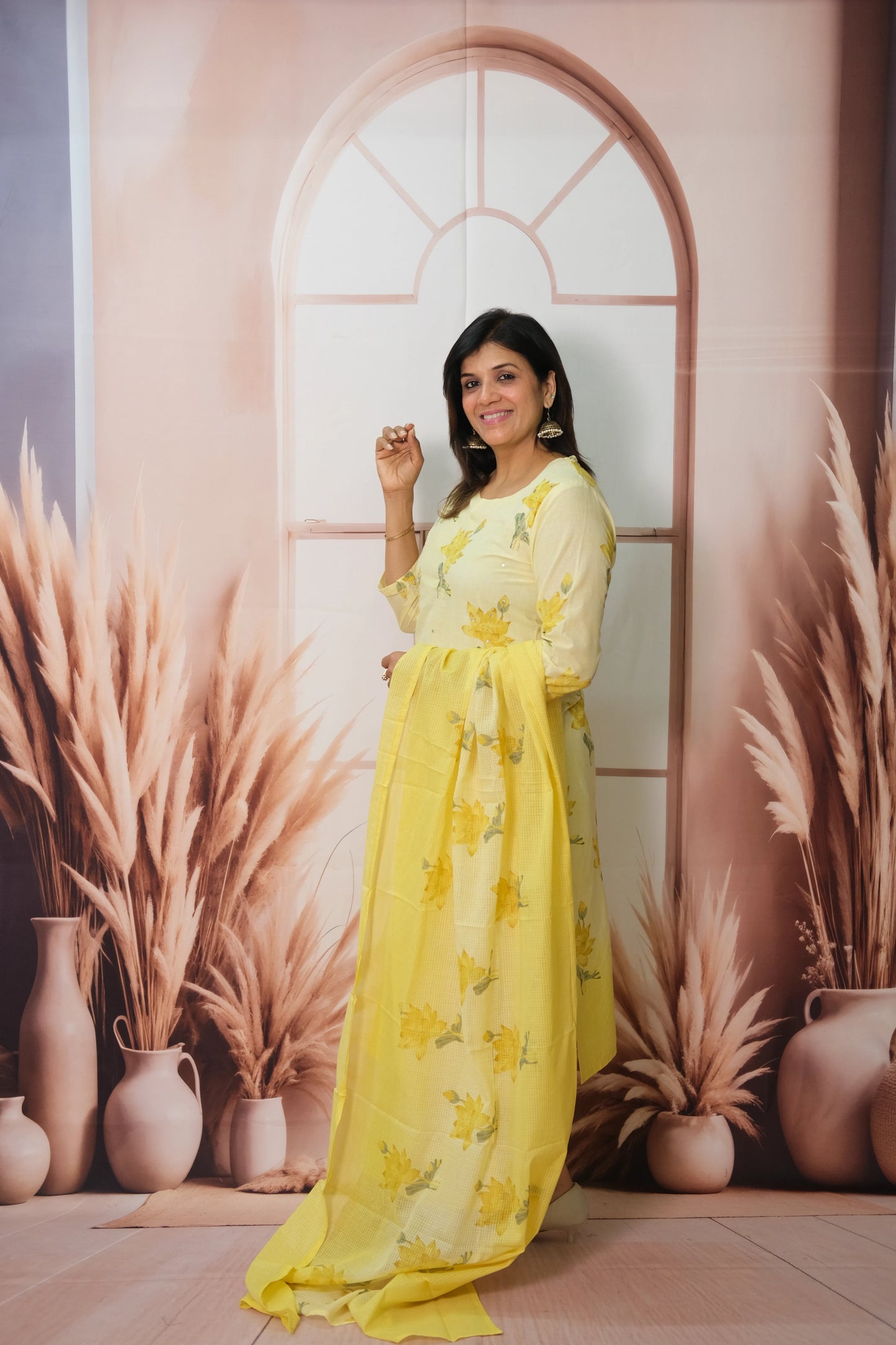 Light Yellow Dupatta Set in Mul Cotton with Gota Patti Work – Elegant Printed Festive Wear