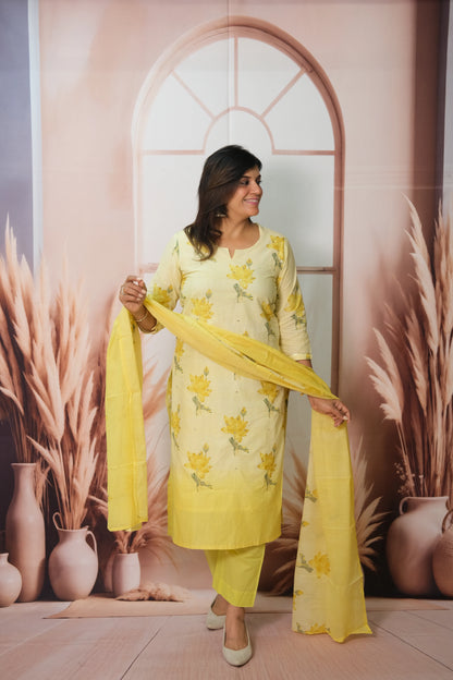 Light Yellow Dupatta Set in Mul Cotton with Gota Patti Work – Elegant Printed Festive Wear