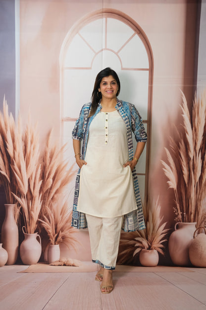 Off White Kurta Pant Set with Shrug in Flex Cotton – Printed Elegance