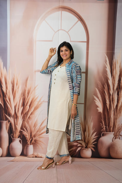 Off White Kurta Pant Set with Shrug in Flex Cotton – Printed Elegance