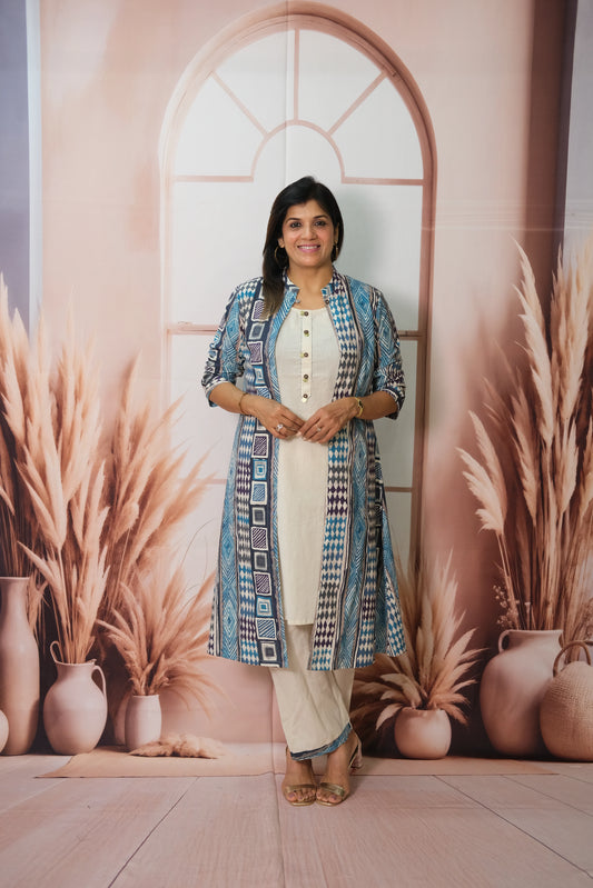 Off White Kurta Pant Set with Shrug in Flex Cotton – Printed Elegance