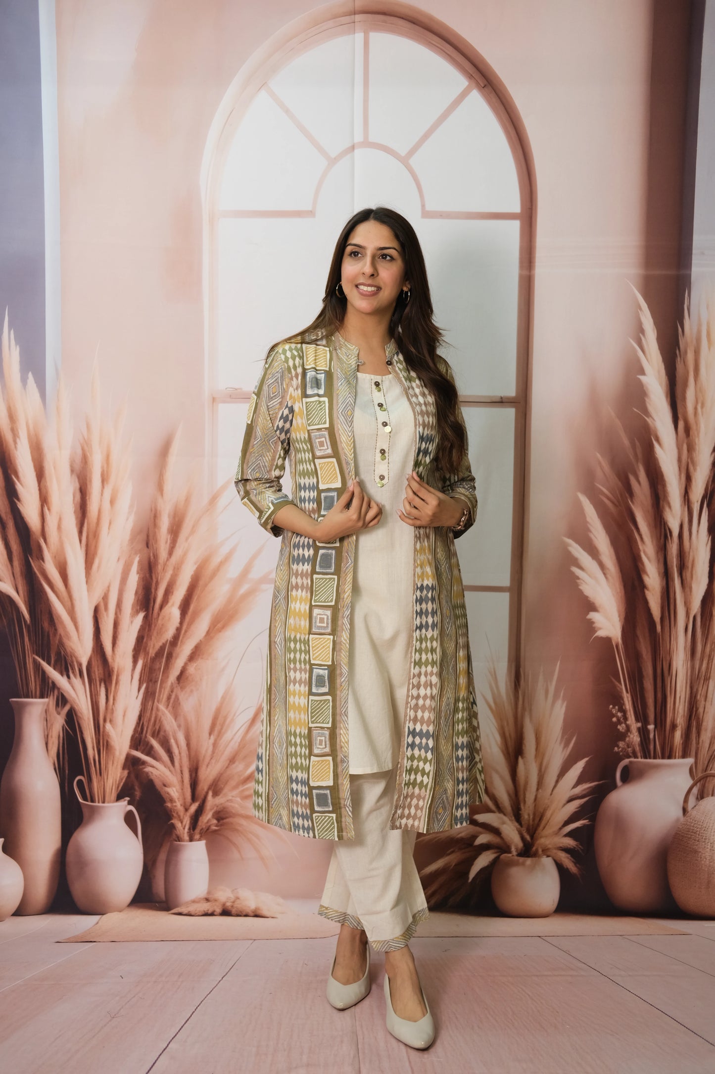 Off White Kurta Pant Set with Olive Green Shrug in Flex Cotton – Printed Elegance