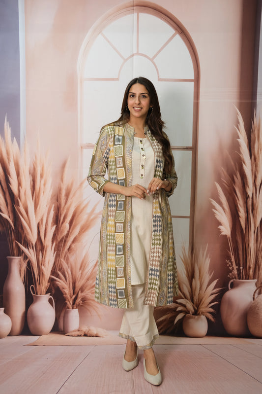 Off White Kurta Pant Set with Olive Green Shrug in Flex Cotton – Printed Elegance