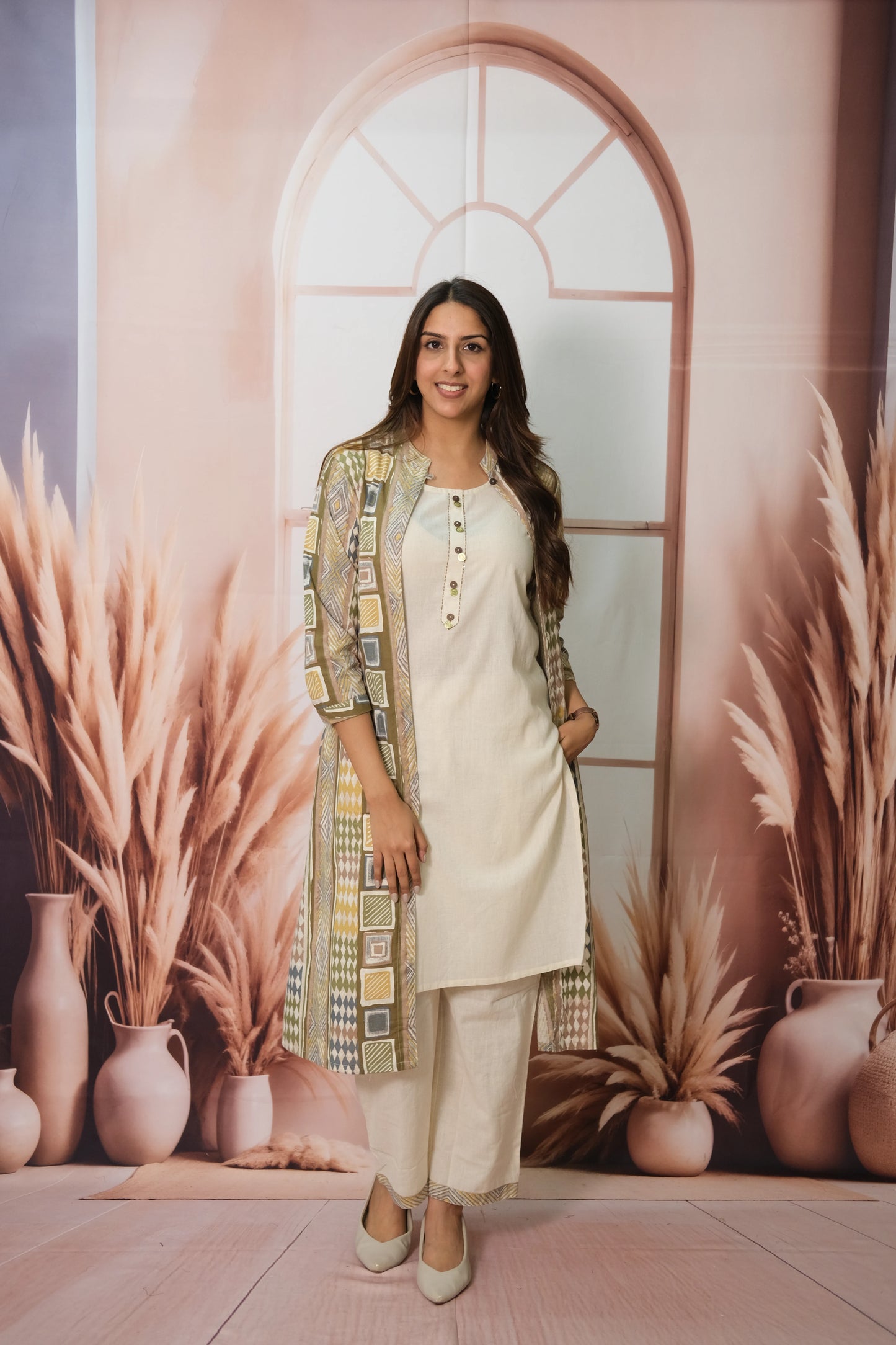 Off White Kurta Pant Set with Olive Green Shrug in Flex Cotton – Printed Elegance