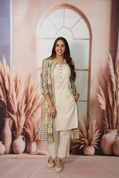 Off White Kurta Pant Set with Olive Green Shrug in Flex Cotton – Printed Elegance