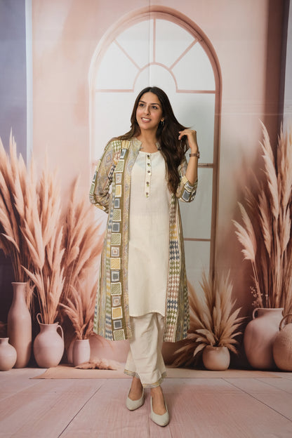 Off White Kurta Pant Set with Olive Green Shrug in Flex Cotton – Printed Elegance