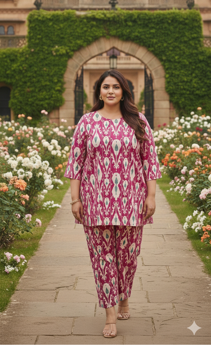 Woman in a pink floral outfit walking through a garden with a historic building in the background
