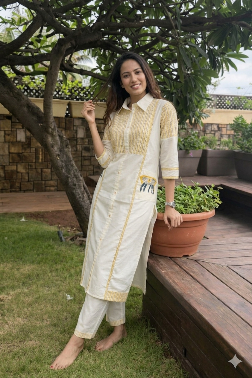 Liril & White Figure & Dot Printed Mul Cotton Co-Ord Set | Collared Neck Kurta with Parallel Pants