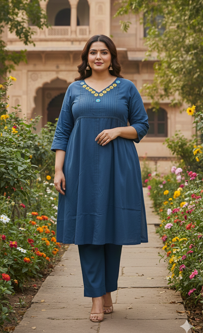 Blue Plus Size Yoke Design Kurti Pant Set | Soft Cotton Ethnic Wear (Size 46–52)