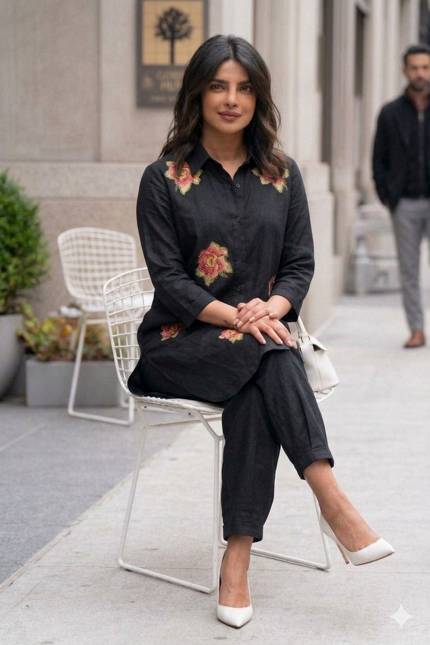 Black Oversized Collar Neck Co-Ord Set | Barrel Pant | with Floral Embroidery | Plus Sizes Available