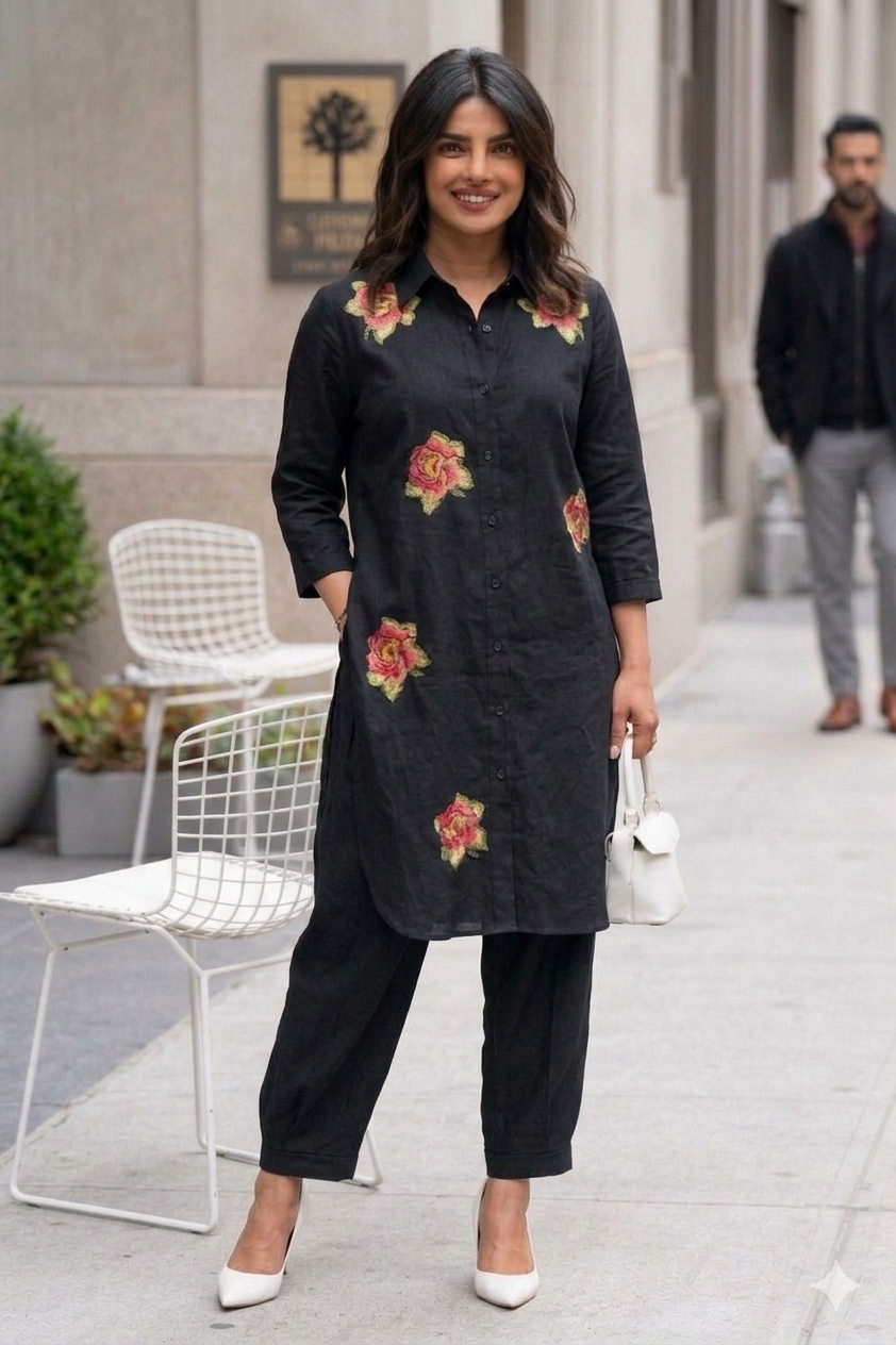 Black Oversized Collar Neck Co-Ord Set | Barrel Pant | with Floral Embroidery | Plus Sizes Available