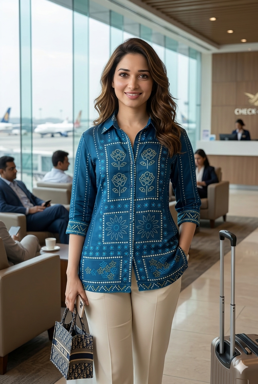 Blue Bandhani Print Crepe Collared Shirt Tunic | Plus Size Indo-Western Top