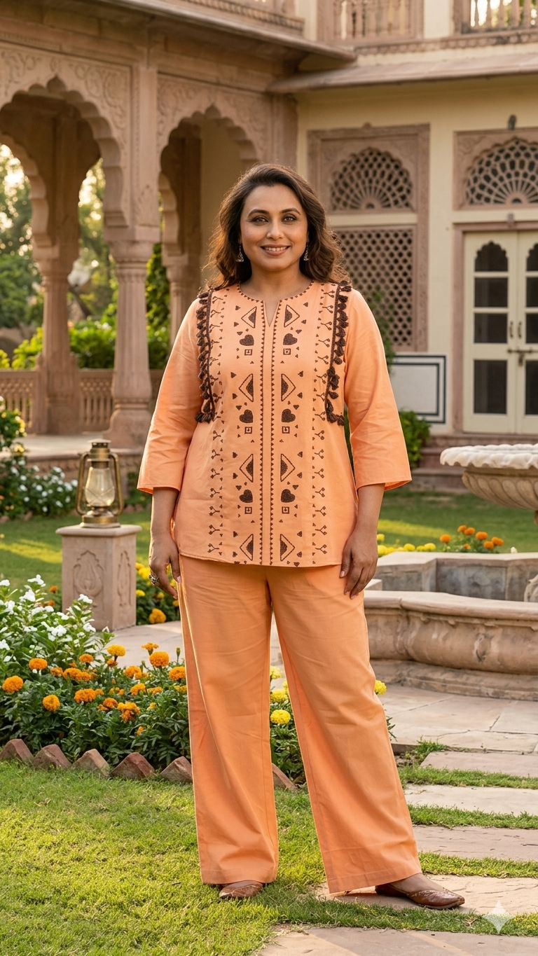 Peach Orange Slub Cotton Embroidered Co-Ord Set | Stylish Ethnic Co-Ord for Women