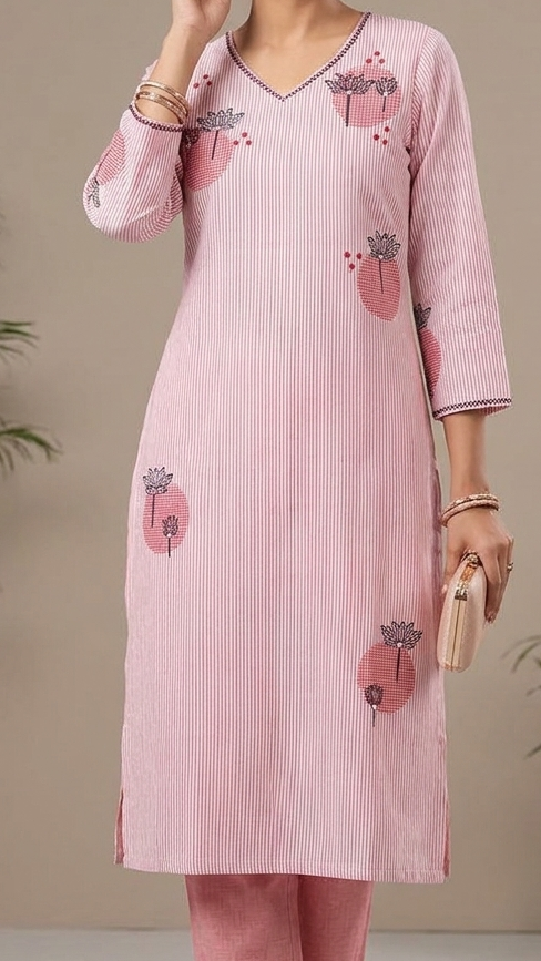 Pink & White Striped Straight Kurta Pant Set with Floral Print | Soft  Cotton