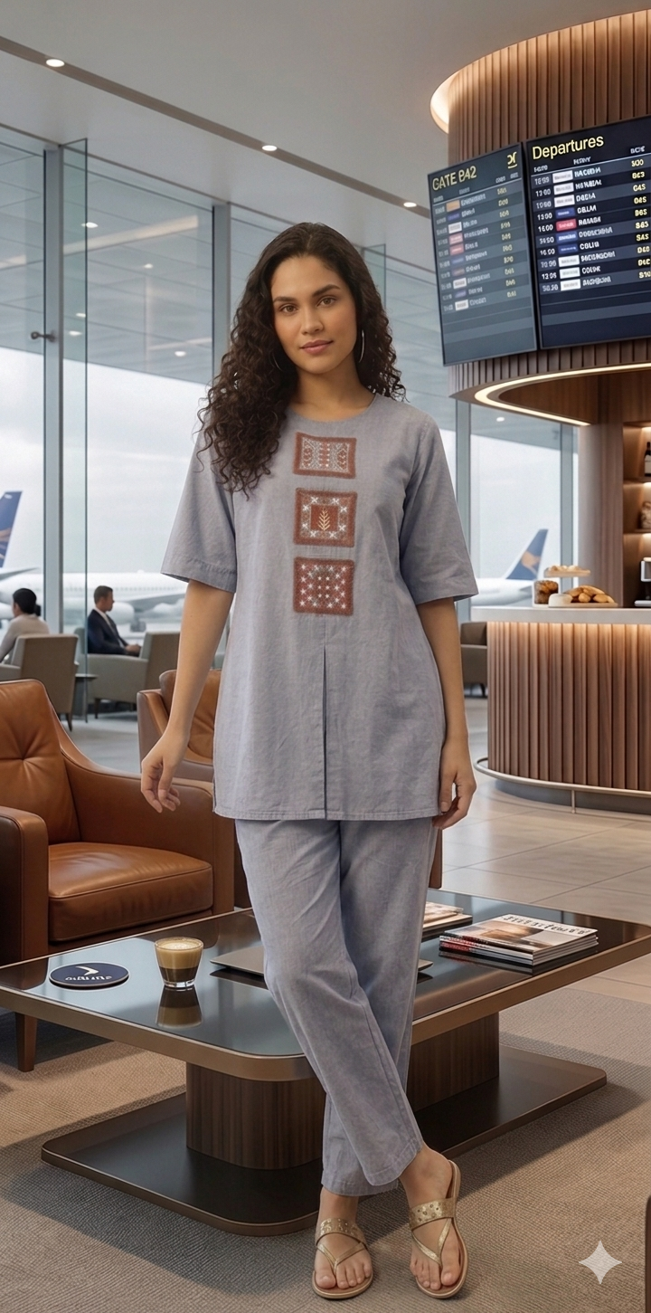 Blue Soft Denim Co-Ord Set with Mirror & Thread Embroidery