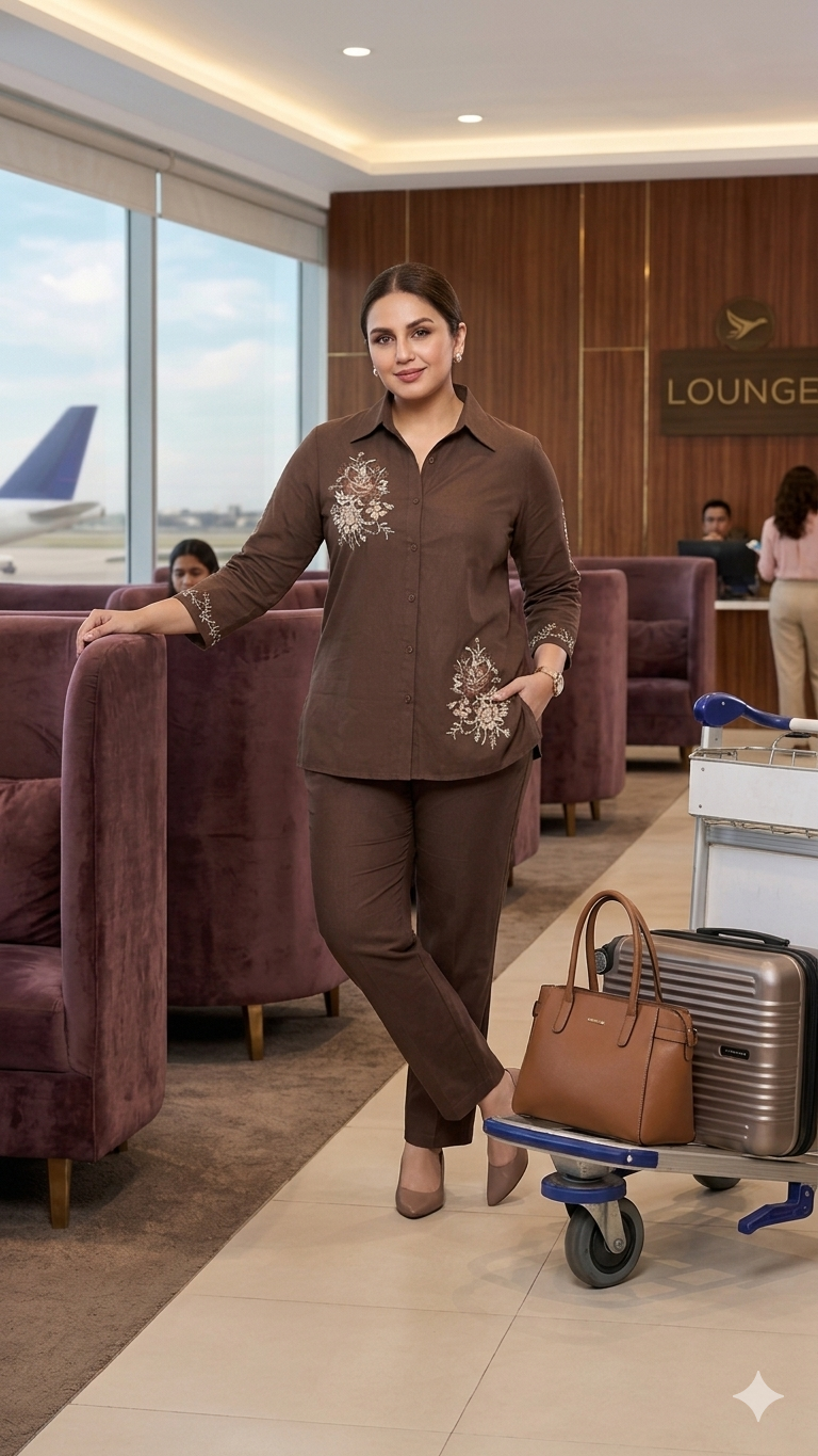 Brown Cotton Embroidered Co-Ord Set | Soft Cotton Casual & Office Wear for Women