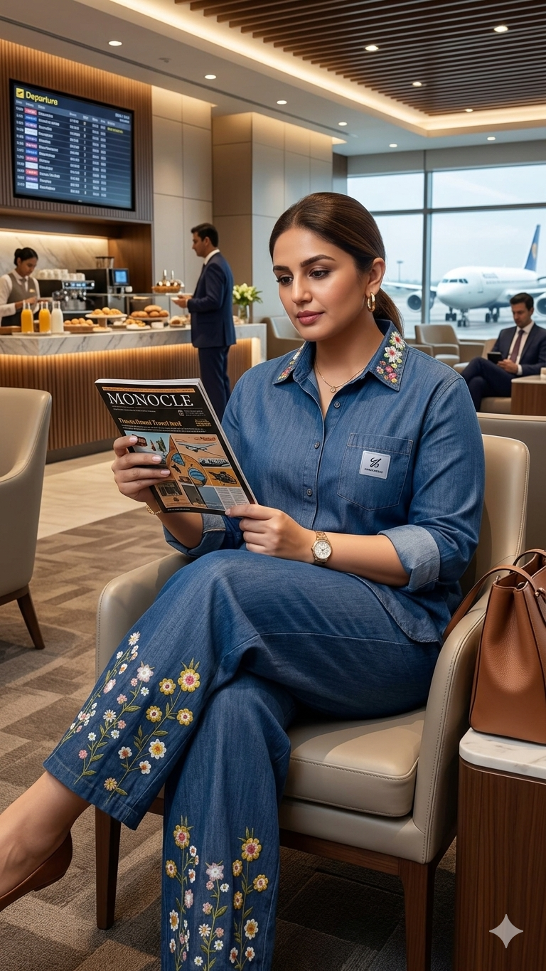 Blue Denim Co-Ord Set with Floral Embroidery | Thread Work Designer Outfit