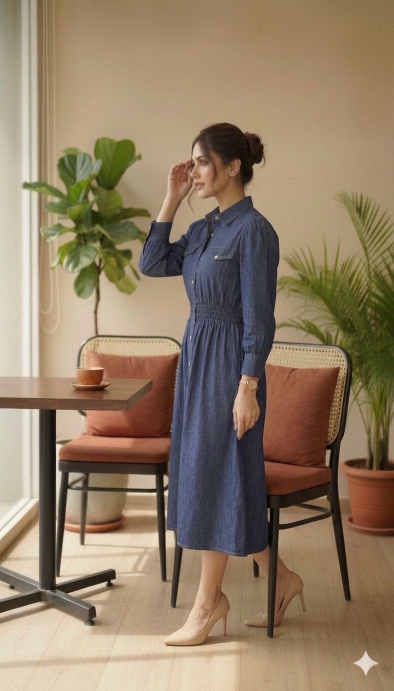 Blue Denim Collared One Piece Dress | Stylish Smocking Pattern Casual Western Dress