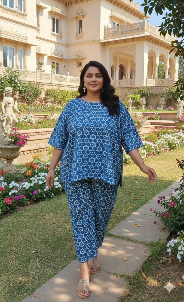 Woman in a blue patterned outfit walking in a garden with a building in the background