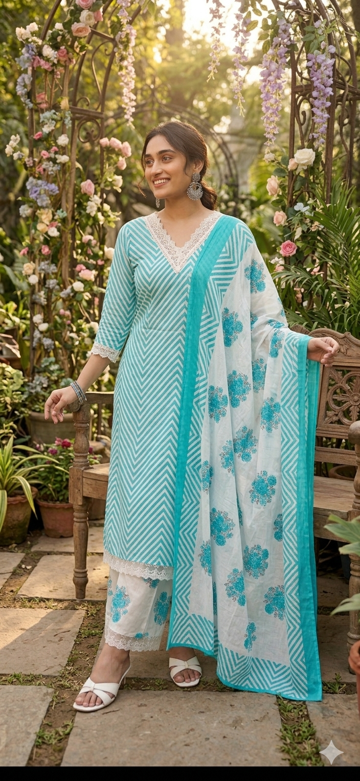 Firozi Cotton Dupatta Set with Yoke Cut Work | Floral & Leheriya Print Ethnic Set