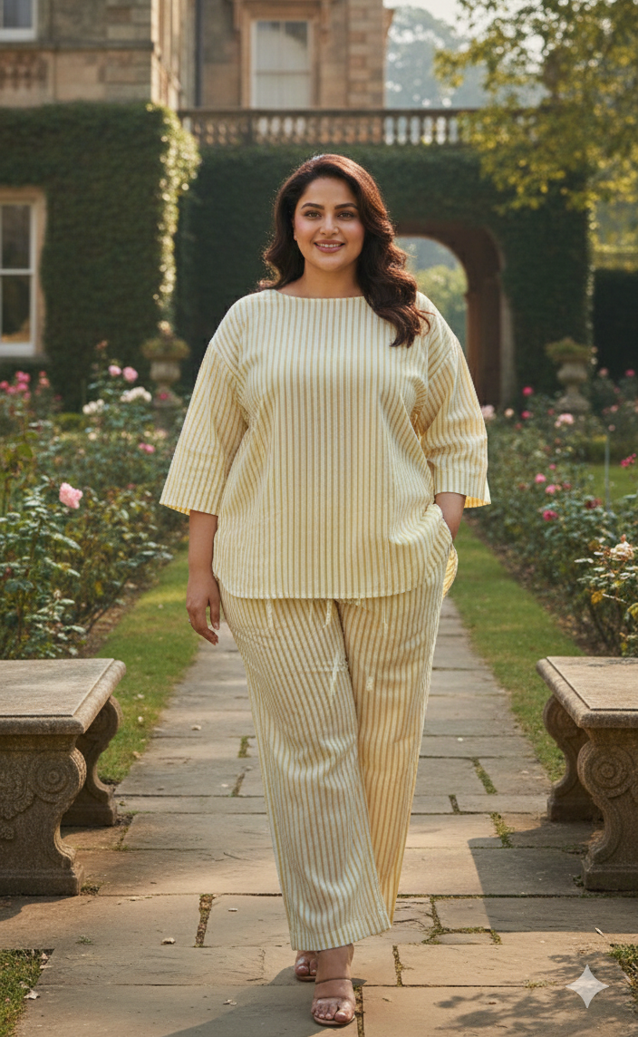 Yellow Plus Size Stripe Printed Co-Ord Set | Cotton Ethnic Wear (Size 48–52)