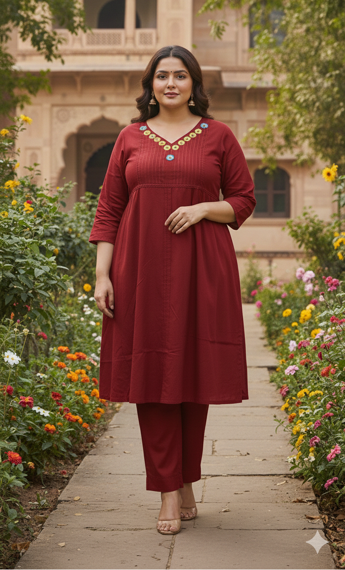 Maroon Plus Size Yoke Design Kurti Pant Set | Soft Cotton Ethnic Wear (Size 46–52)
