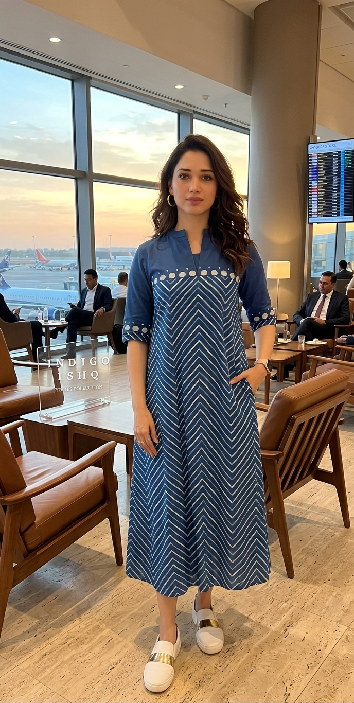 Indigo Blue Zigzag Print Cotton One Piece Dress | Stylish Everyday Wear