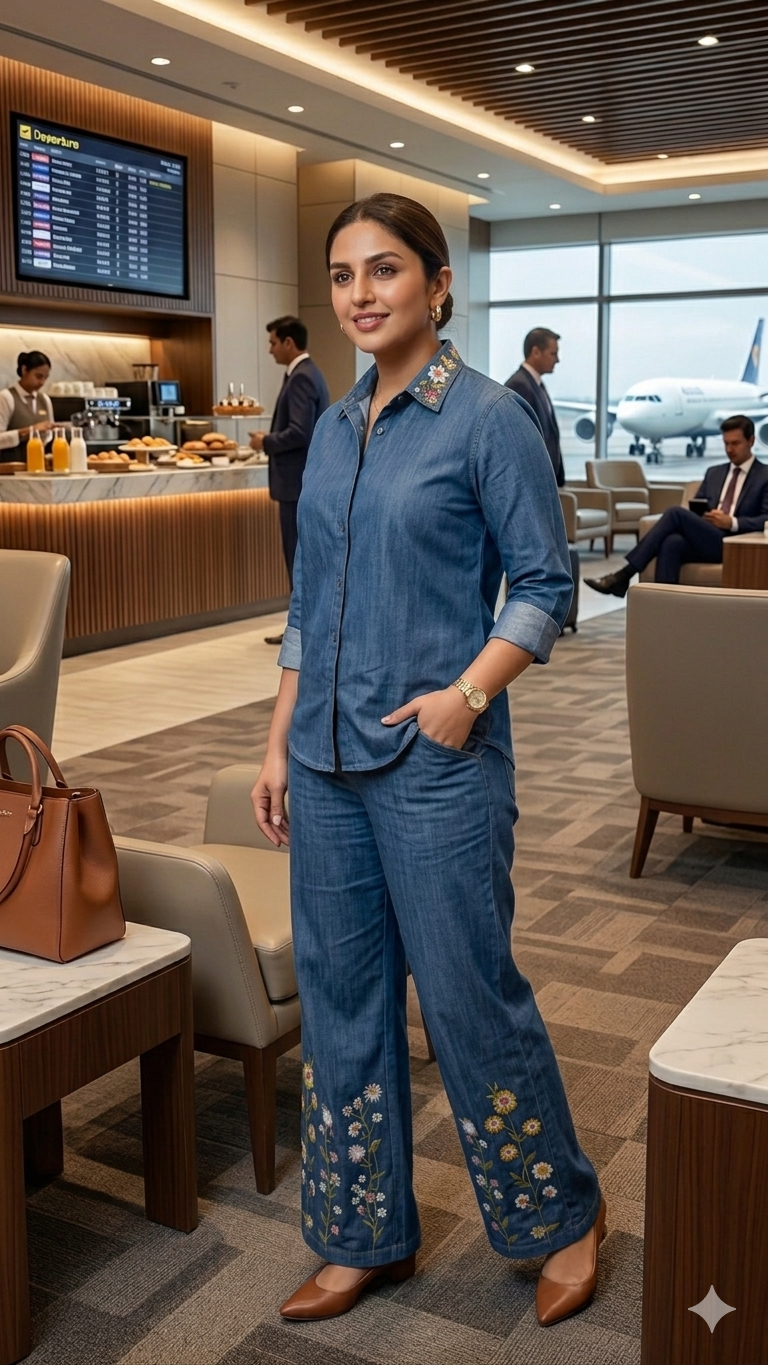 Blue Denim Co-Ord Set with Floral Embroidery | Thread Work Designer Outfit