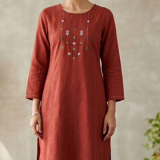 Dark Rust Yoke Work A-Line Kurta with Palazzo Set | Cotton ( PLUS SIZE )