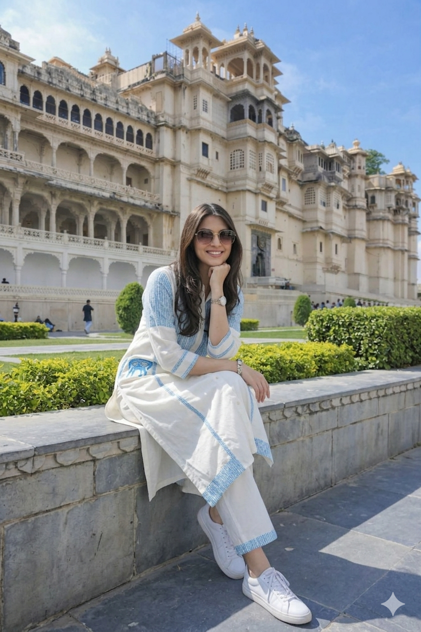 Blue & White Figure & Dot Printed Mul Cotton Co-Ord Set | Collared Neck Kurta with Parallel Pants