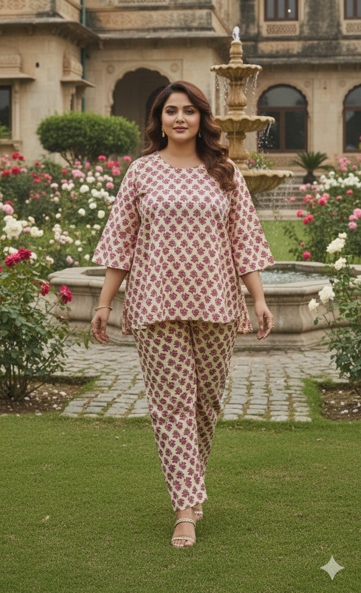 Woman in a patterned outfit standing in front of an ornate building with a fountain and garden.