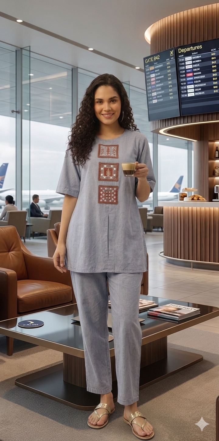 Blue Soft Denim Co-Ord Set with Mirror & Thread Embroidery