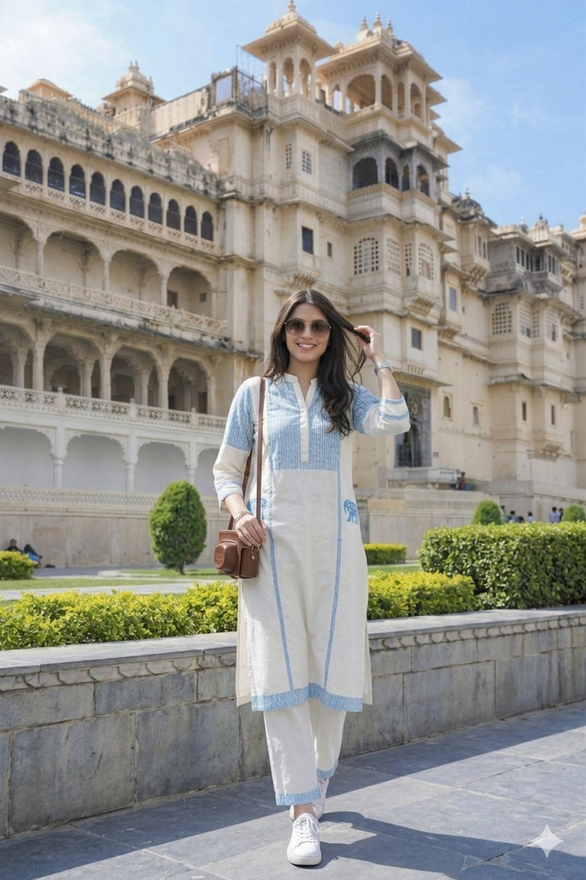 Blue & White Figure & Dot Printed Mul Cotton Co-Ord Set | Collared Neck Kurta with Parallel Pants