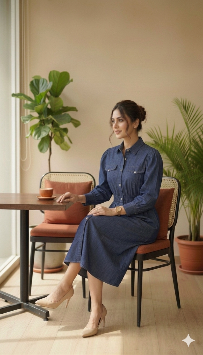 Blue Denim Collared One Piece Dress | Stylish Smocking Pattern Casual Western Dress