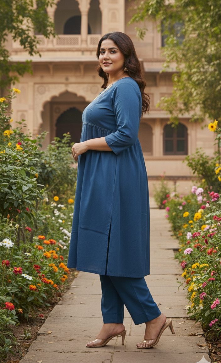 Blue Plus Size Yoke Design Kurti Pant Set | Soft Cotton Ethnic Wear (Size 46–52)