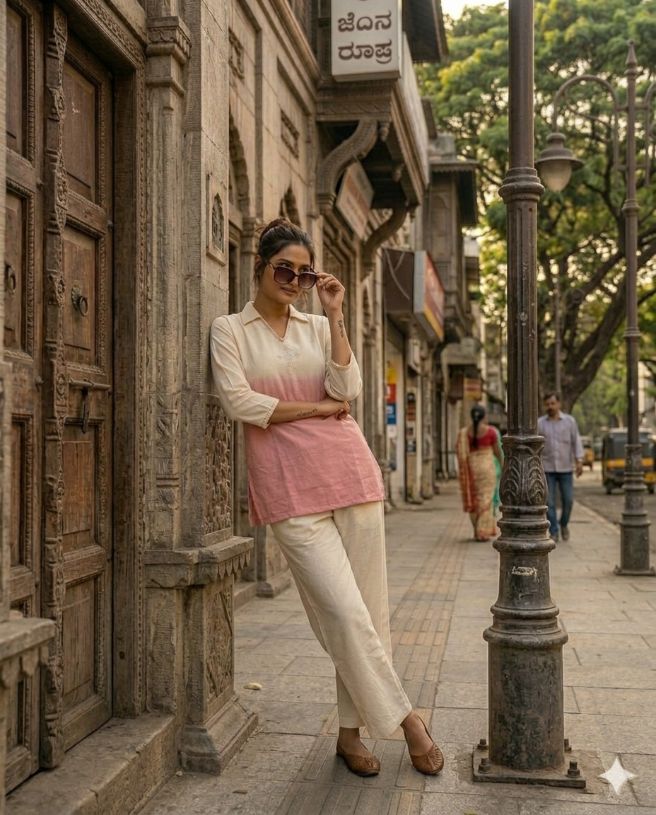 Off White Pink Tie-Dye Collared Top Pant Co-Ord Set | Mirror Work Cotton Flex Wear