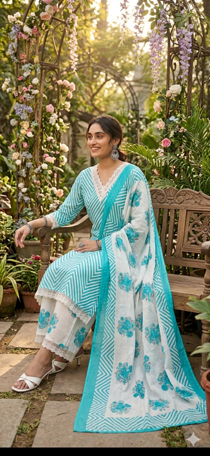 Firozi Cotton Dupatta Set with Yoke Cut Work | Floral & Leheriya Print Ethnic Set