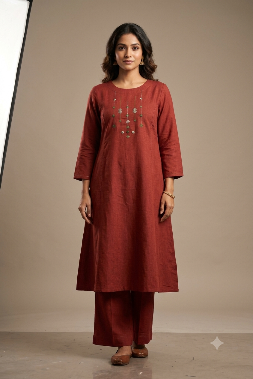 Dark Rust Yoke Work A-Line Kurta with Palazzo Set | Cotton ( PLUS SIZE )