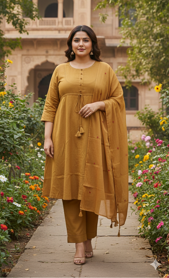 Dusty Mustard Plus Size A-Line Kurti Pant with Dupatta Set | Size 46–50