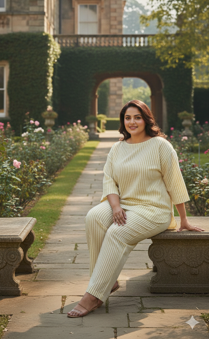 Yellow Plus Size Stripe Printed Co-Ord Set | Cotton Ethnic Wear (Size 48–52)