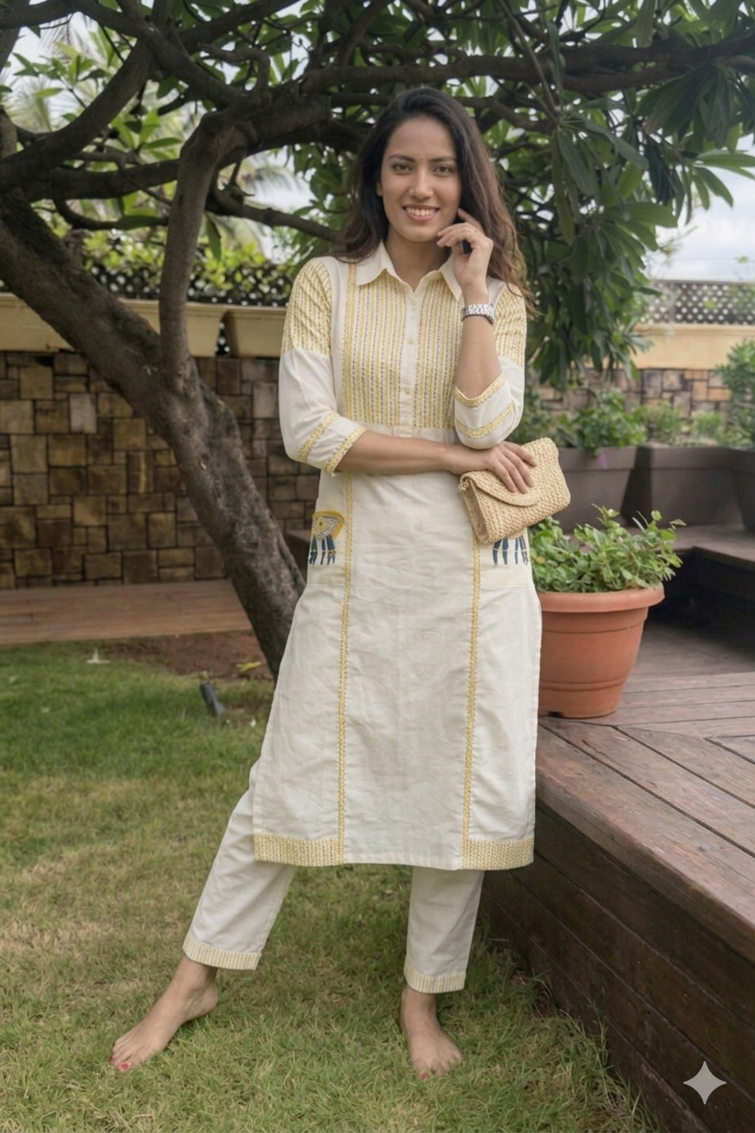 Liril & White Figure & Dot Printed Mul Cotton Co-Ord Set | Collared Neck Kurta with Parallel Pants