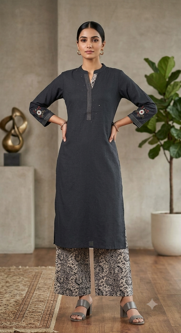 Black - Straight Kurta with Ajrakh Print Palazzo Set ( PLUS SIZE )