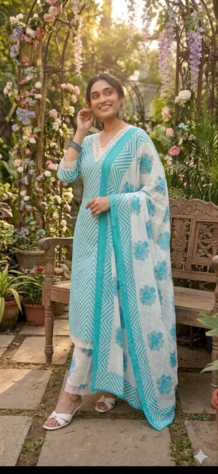 Firozi Cotton Dupatta Set with Yoke Cut Work | Floral & Leheriya Print Ethnic Set