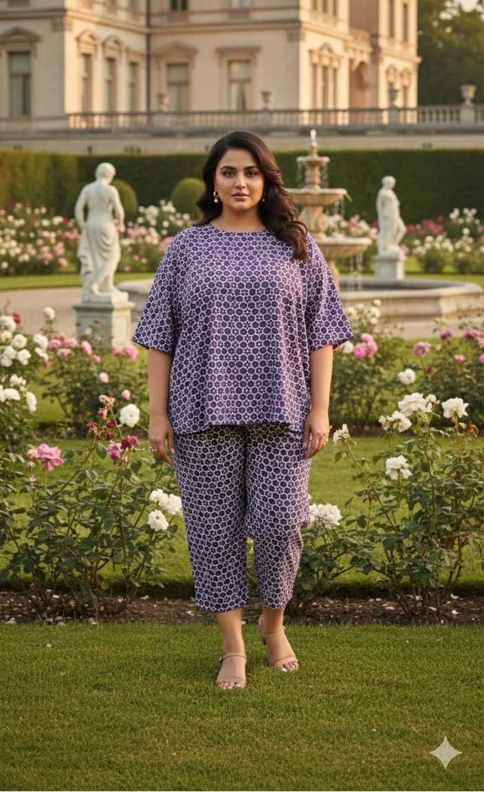Woman in a patterned outfit standing in a garden with classical architecture in the background